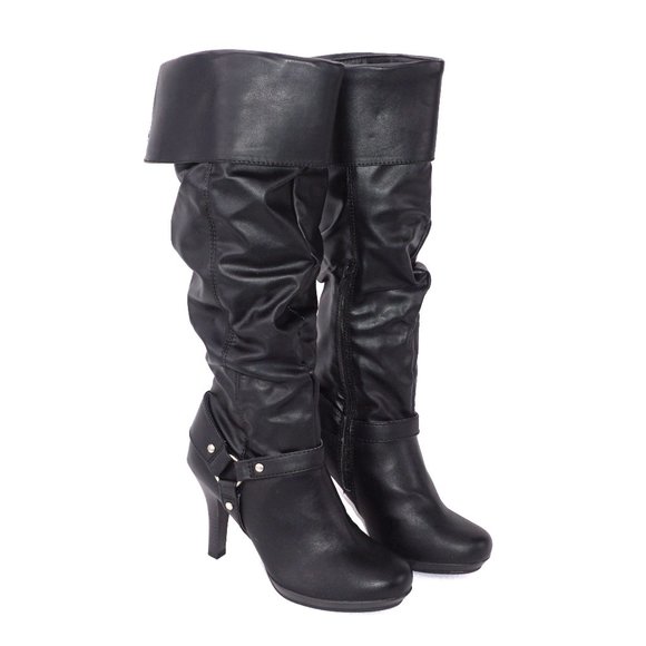 So PSI Black Folded Cuff Knee High Heeled Slouch Boots Brand New in Box NIB - Picture 1 of 6